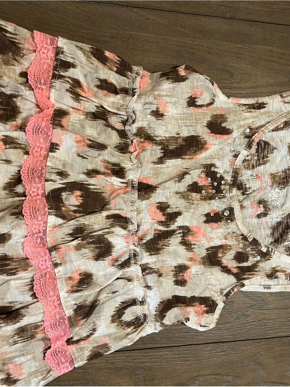 Justice Pink, Brown & Cream Printed Tank with Lace and Rhinestones